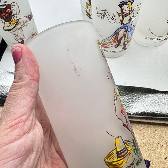 Set of 6 Vintage Frosted Federal Glass Around the World Cocktail Glasses - Picture 4 of 9